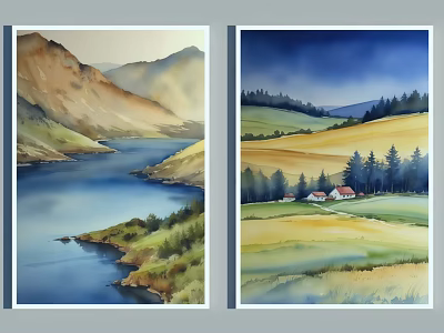Scenic Landscape Paintings Depicting Lake Mountains Fields Pine Trees And Small Houses 3d model