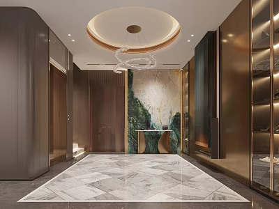 Modern Elevator Hallway Design With Marble Flooring And Decorative Wall Chandelier 3d model
