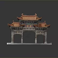 Traditional Chinese Archway Model With Orange Multi Layered Roofs And Stone Base