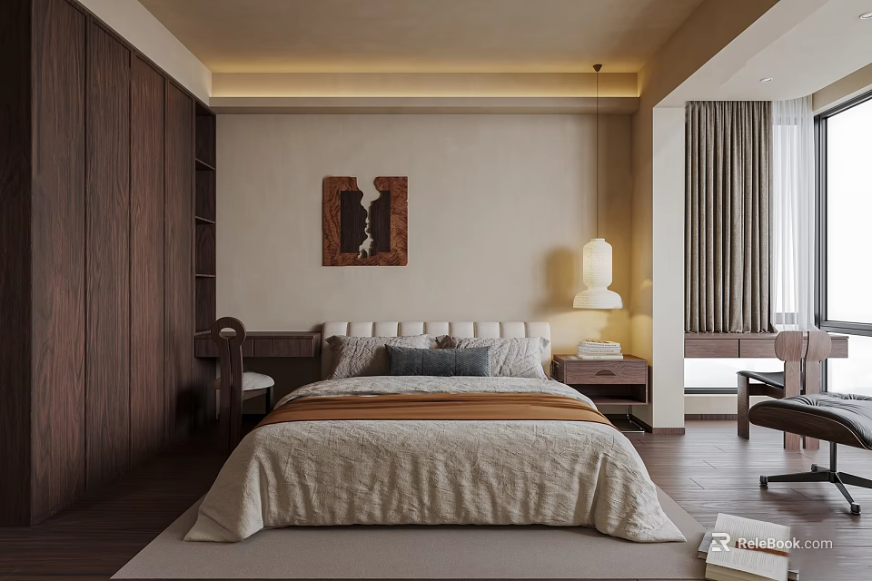 Cozy Bedroom Interior With Dark Wooden Wardrobe Bed Linen Bedding Nightstand Lamp And Wall Art 3d model 