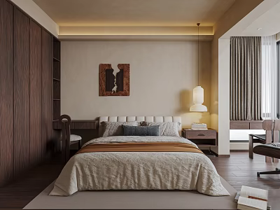 Cozy Bedroom Interior With Dark Wooden Wardrobe Bed Linen Bedding Nightstand Lamp And Wall Art 3d model