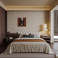 Cozy Bedroom Interior With Dark Wooden Wardrobe Bed Linen Bedding Nightstand Lamp And Wall Art