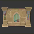 Decorative Stone Brick Fireplace With Arched Opening Two Candles And Metal Hinges