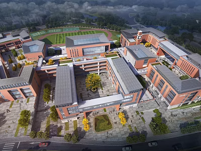 Modern Red-brick School Buildings With Spacious Courtyards Green Lawns And Connected Structures 3d model