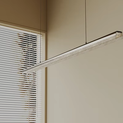 Modern Linear Pendant Light Hanging Over Space With White Window Blinds 3d model