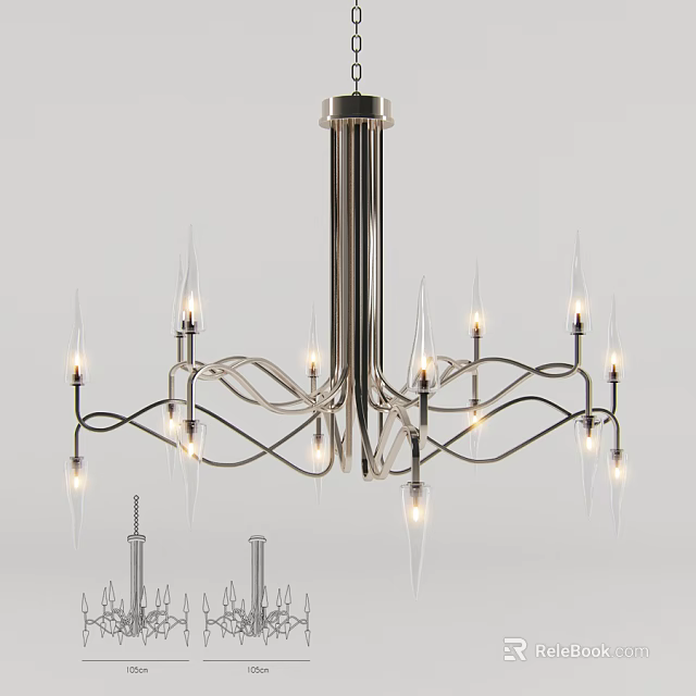 Elegant Modern Chandelier With Curved Metal Arms And Glass Light Shades 3d model 