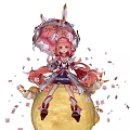 Anime Girl With Pink Hair Sitting On Moon With Decorative Umbrella Rabbits And Cherry Blossoms
