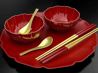 Red And Gold Petal Edged Dinnerware Set With Bowl Spoon Chopsticks On Red Tray 3d model