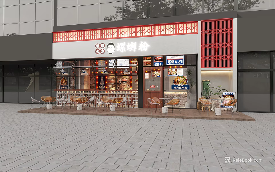 Traditional Mall Shop With Red Decor Signboard Displayed Pastries And Outdoor Seating 3d model 