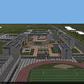 Modern School Building Complex Surrounded By Rivers Green Areas Sports Field Near Road And Bridge