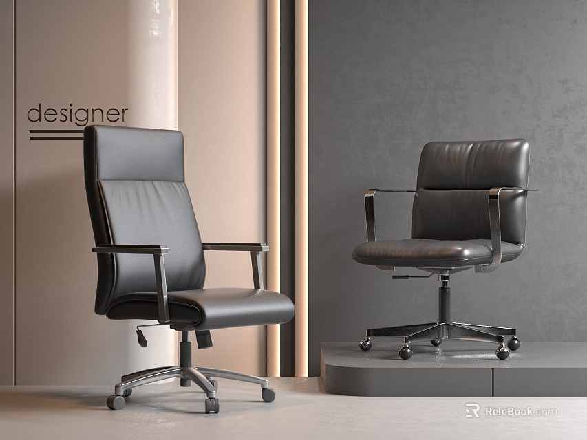 Modern Black Leather Office Chair with Armrests Metal Base and Wheels in Designer Style Interior 3d model 