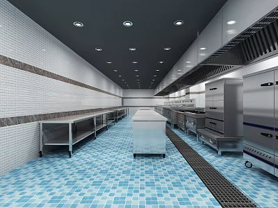Commercial Kitchen Featuring Stainless Steel Worktables Blue Tile Floor And Ventilation System 3d model