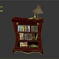Red Wooden Bookshelf Interior With Stacked Books CDs And Table Lamp On Top