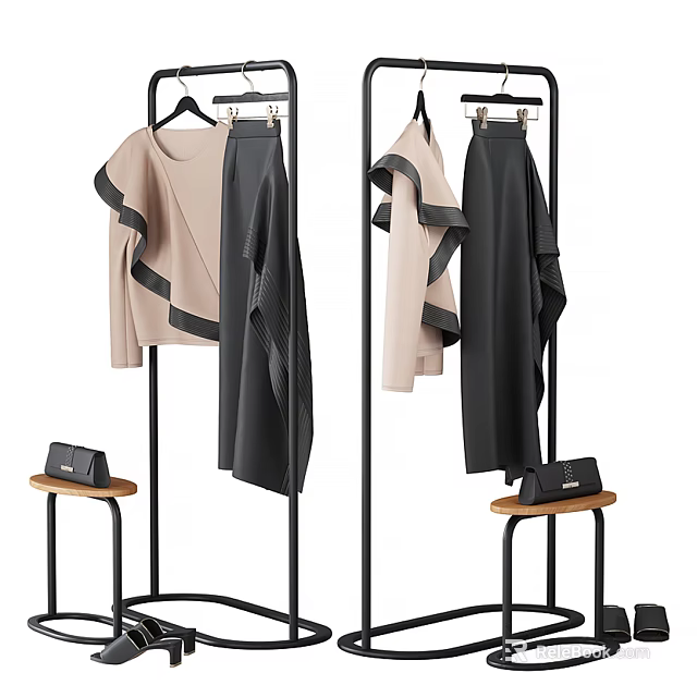 Modern Clothing Rack with Hanging Clothes Side Stool and Handbag 3d model