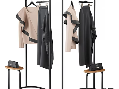 Modern Clothing Rack with Hanging Clothes Side Stool and Handbag 3d model