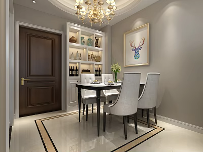 Elegant Restaurant Interior With Dining Table Chairs Deer Art Chandelier And Wooden Door 3d model