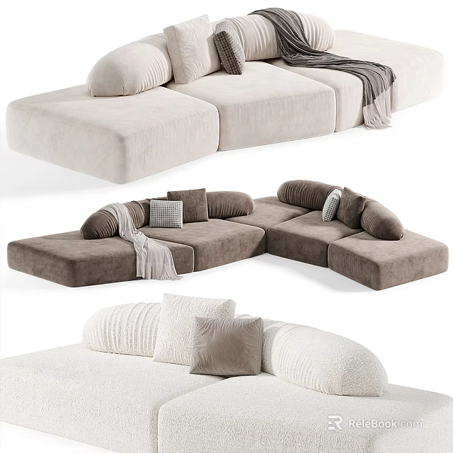 Comfortable Sectional Sofa Designs With Beige Brown White Fabric And Soft Throw Pillows 3d model 