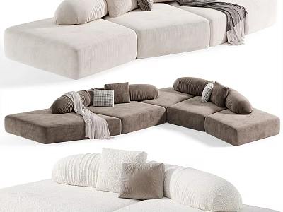 Comfortable Sectional Sofa Designs With Beige Brown White Fabric And Soft Throw Pillows 3d model