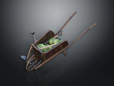 Vintage Wooden Wheelbarrow Filled With Fresh Green Cabbages And Wooden Handles 3d model