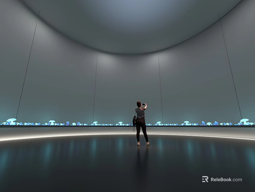 Art Installation In Circular Gallery With Gray Walls Blue Light Spots Black Floor And Person Photographing 3d model 