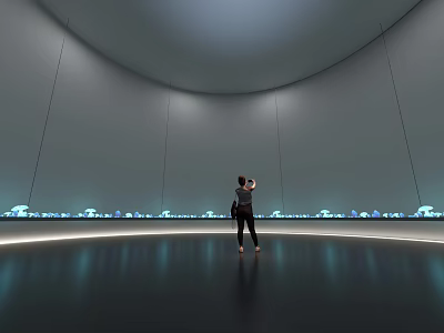 Art Installation In Circular Gallery With Gray Walls Blue Light Spots Black Floor And Person Photographing 3d model