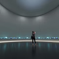 Art Installation In Circular Gallery With Gray Walls Blue Light Spots Black Floor And Person Photographing