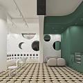 Modern Dessert Shop Interior With Green White Walls Circular Windows And Geometric Floor Tiles