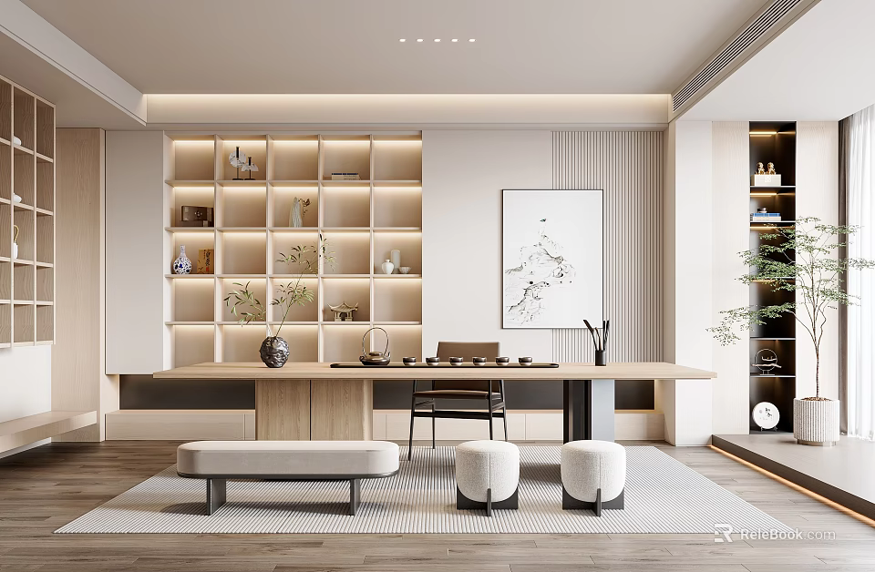 Elegant Tea Room Interior With Wooden Shelves Tea Sets Long Table And Decorative Plants 3d model 