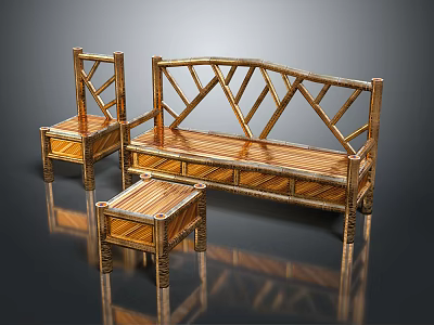 Natural Bamboo Leisure Chair Set Featuring Geometric Frame Design And Matching Stools 3d model