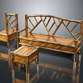Natural Bamboo Leisure Chair Set Featuring Geometric Frame Design And Matching Stools