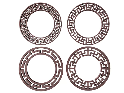 Four Circular Wooden Traditional Intricate Carved Patterns with Classic Geometric Details 3d model