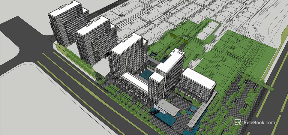 Modern Urban Office Complex With Green Spaces Central Courtyard And Road Access 3d model 