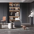 Elegant Modern Study Room Interior Design With Bookshelves Desk Chair Sculptures And Wall Decorations
