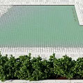 Waterfront Landscape Design With Green Water Area Gray Stone Pavement And Neat Shrubs