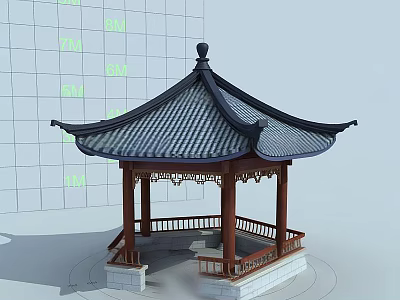 Ancient Chinese Pavilion Architecture With Traditional Curved Roof Blue Glazed Tiles And Wooden Railings 3d model
