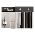 Modern Clothing Store Fitting Rooms With Numbered Booths Mirrors Black Curtains And Clothes Racks