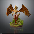 Phoenix Inspired Female Character With Red Feathered Wings Flame Headdress And Staff On Grass Base
