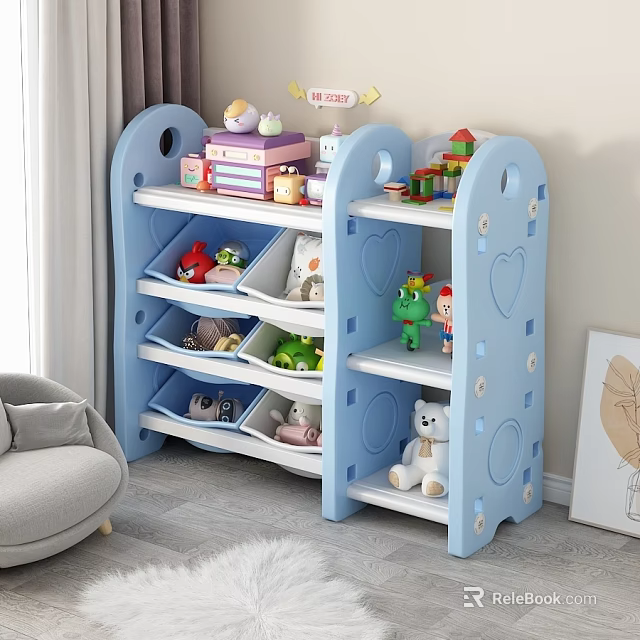 Plush Toys Displayed On Blue Kids Storage Rack In Room 3d model 