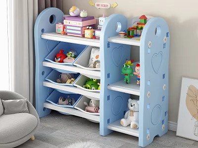 Plush Toys Displayed On Blue Kids Storage Rack In Room 3d model