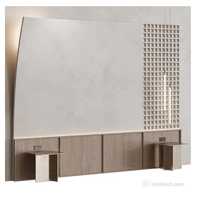 Modern Sofa Background Wall with Light Colored Surface Grid Pattern Wooden Base and Ambient Lighting 3d model