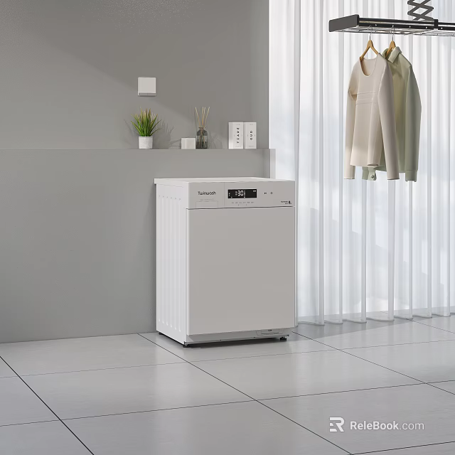 White Washing Machine In Room With Hanging Clothes Gray Wall White Curtains And Light Floor 3d model 