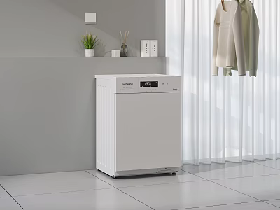 White Washing Machine In Room With Hanging Clothes Gray Wall White Curtains And Light Floor 3d model