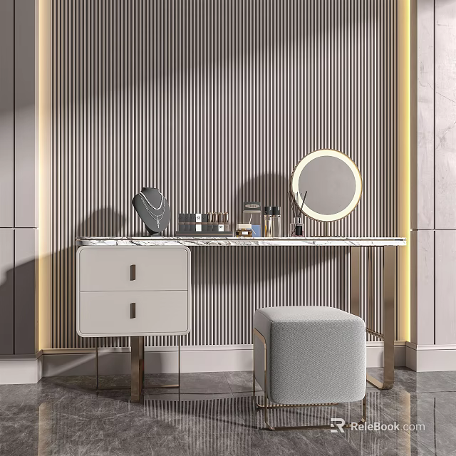 Modern Dressing Table With Illuminated Round Mirror White Top And Gray Stool 3d model