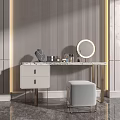 Modern Dressing Table With Illuminated Round Mirror White Top And Gray Stool 3d model