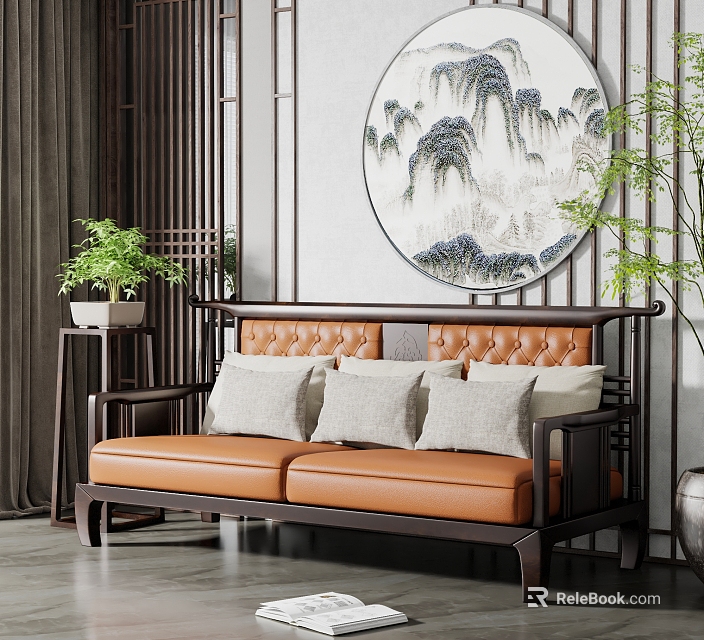 Chinese Style Two Seater Sofa Wooden Frame Leather Cushions Gray Pillows And Circular Landscape Painting 3d model 