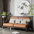 Chinese Style Two Seater Sofa Wooden Frame Leather Cushions Gray Pillows And Circular Landscape Painting