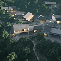 Aerial Planning of Traditional Style Buildings Amidst Lush Trees and Natural Landscape Layout Design
