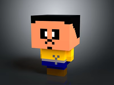 Pixel Art Block Head Character With Black Hair Big Eyes Yellow Shirt Blue Pants 3d model