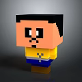 Pixel Art Block Head Character With Black Hair Big Eyes Yellow Shirt Blue Pants