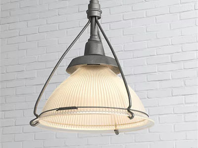 Vintage Industrial Pendant Light with Ribbed Shade and Black Metal Frame Against White Brick Wall 3d model